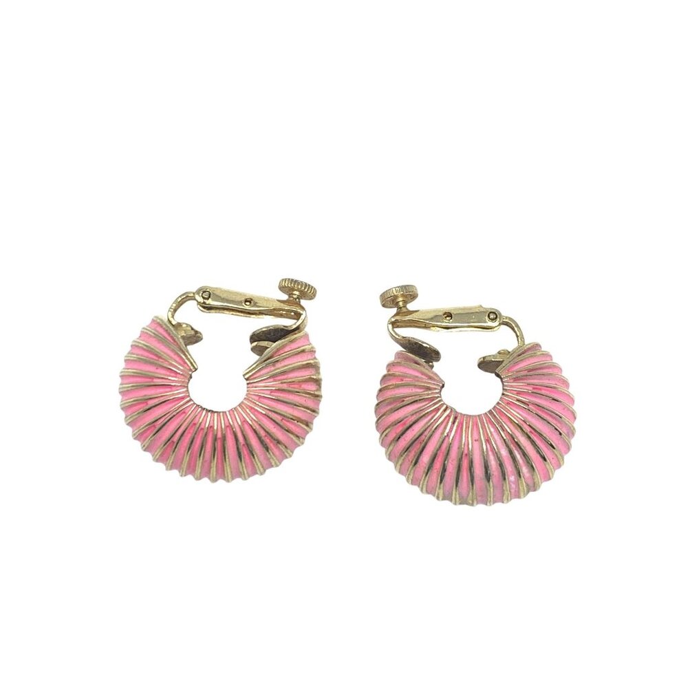 Vintage Vendome Pink Enamel Gold Tone Clip On Hoop Earrings Ribbed Circa 1980s